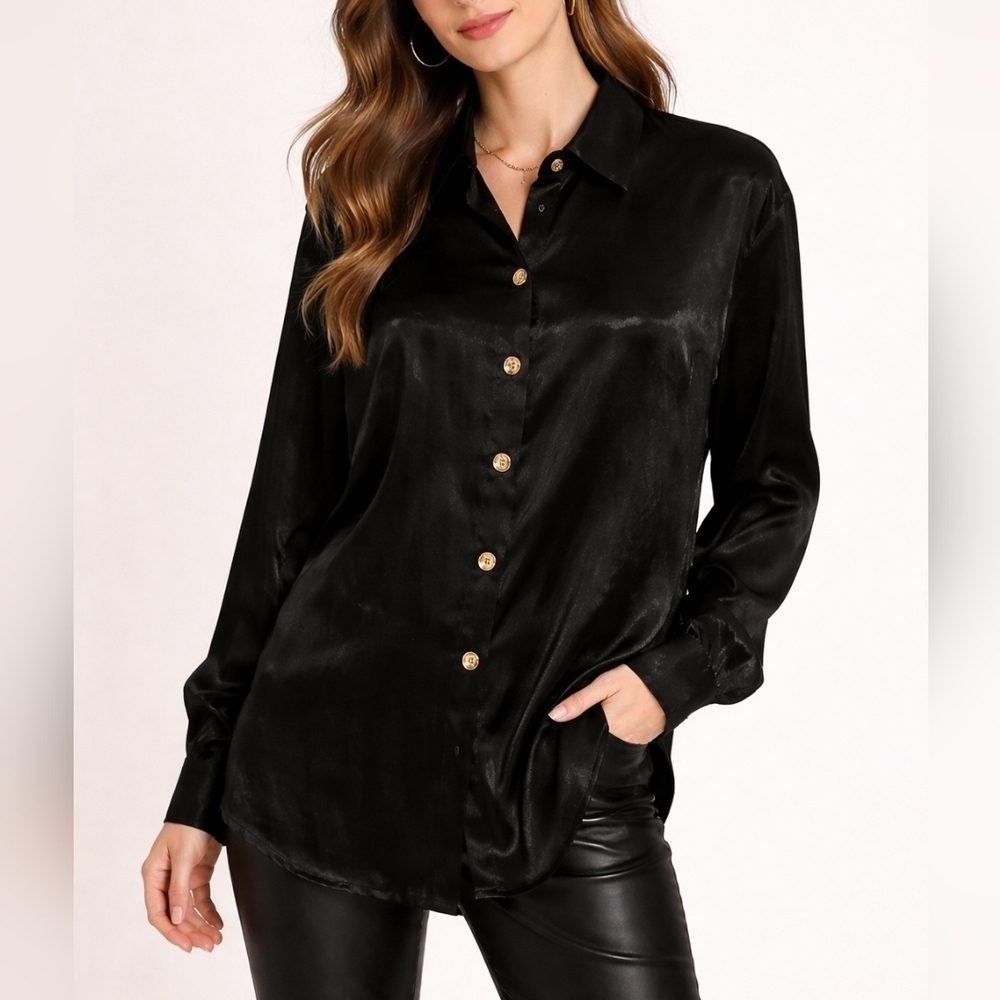 VTG SIP N' SHORE 1980s Black Metallic Satin Long Button Down Holiday Shirt
